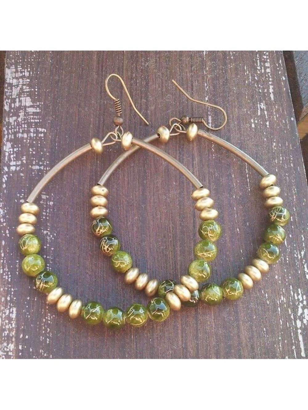 Vintage Retro Beads Big Hoop Earrings Bronze Green